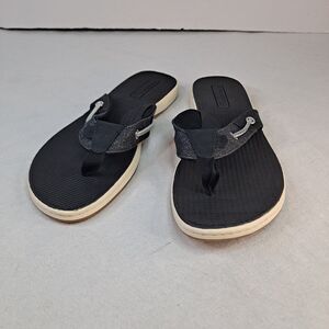 Sperry Seafish Flip Flop STS87295 Womens 10M Black Leather/Fabric Thong Sandals